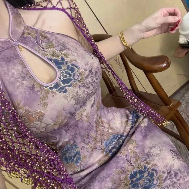 LIZAKOSHT  -  Purple Cheongsam Dress Women's Summer Chinese Style Off Shoulder Drip Collar Hot Stamping Flower Dress Fashion Female Clothes