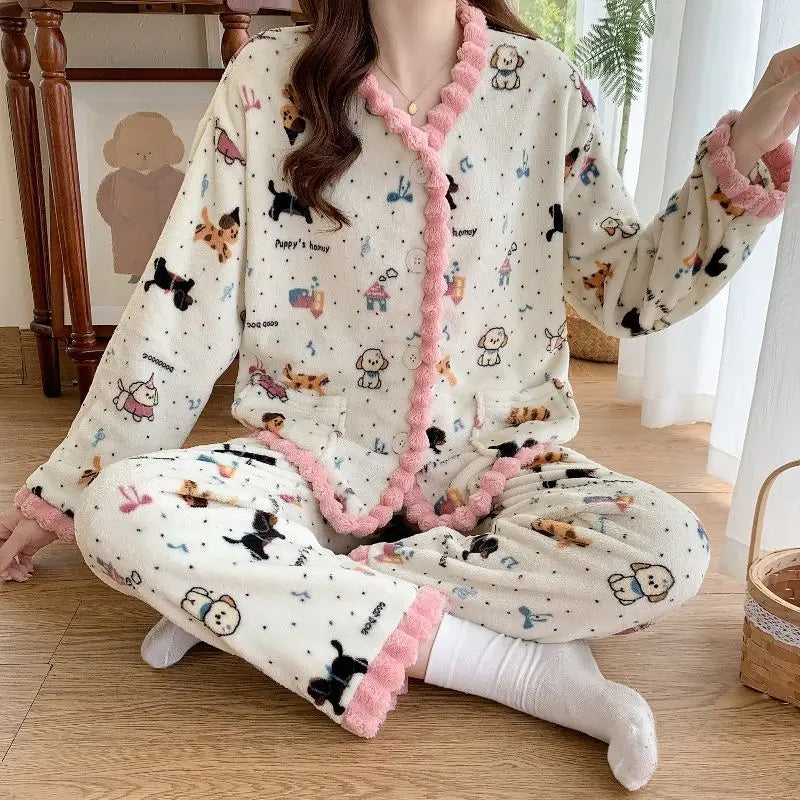 LIZAKOSHT  -  Coral Fleece Pajamas Women Autumn Winter Print Thickened Plush Sleepwear Cardigan Suit Warm Soft Homewear Long Sleeves Pajamas