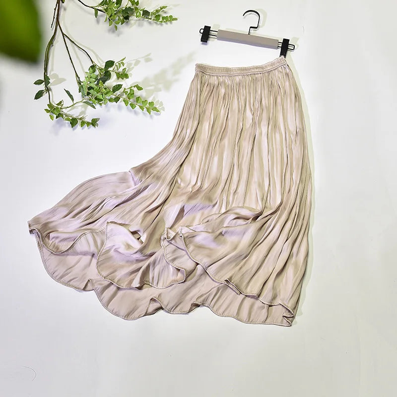 LIZAKOSHT  -  Summer Silky Elastic High Waist Glossy Silky Long Skirt Milk Silk A-line Long Skirts Women Beach Pearlescent Dress