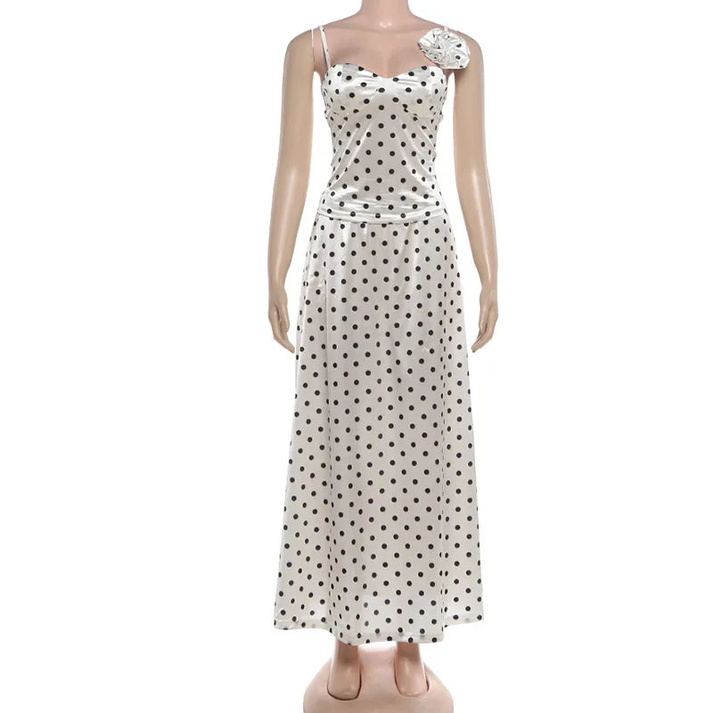 LIZAKOSHT  -  Summer Weird Puss Polka Dot Print 2 Piece Set Woman 3d Flower Decoration Low-Neck Backless Camisole+Long Skirts Ruched Set