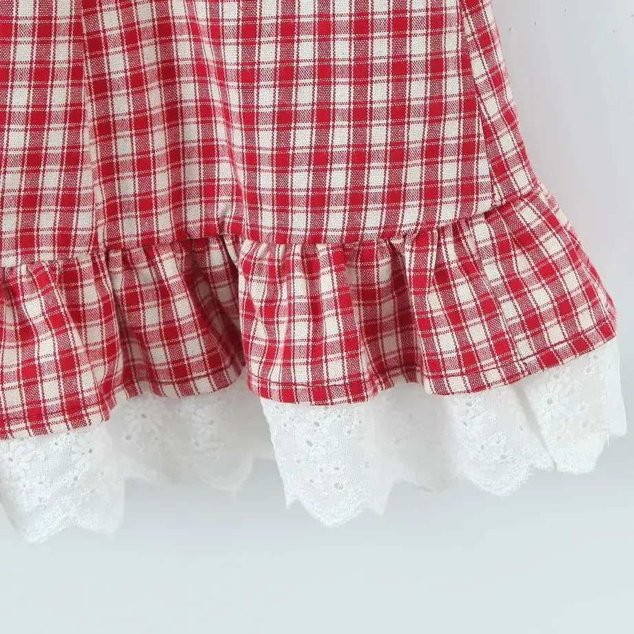 LIZAKOSHT  -  Sexy Red White Plaid Spliced Lace Lacing Up Bow Halter V Collar Mini Dress Women Ruffles Hem A-line Short Dresses Robe Vestidos