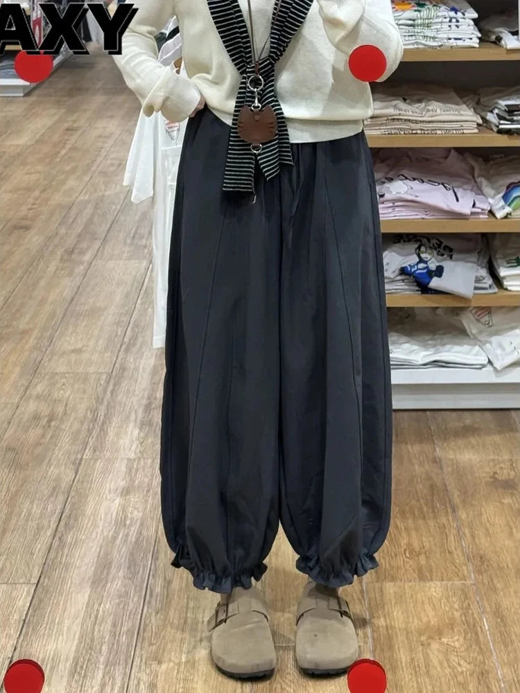 LIZAKOSHT  -  Casual Sweet Bloomers Pants Women High Waist Loose Vintage Ruffle Wide Leg Trouser All Match Lace Up Solid Harajuku Harem Pants