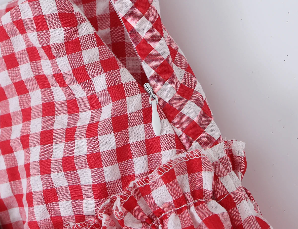 LIZAKOSHT  -  Sexy Red Plaid Spliced Lace Bow Ruched Chest Tank Top + High Waist Wood ears Mesh Lining Swing Cake Mini Skirt Suits 2pcs 1 Set