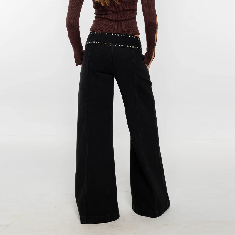 LIZAKOSHT  -  Street Cool Black Rivet Hole Jean Women Vintage Mid-Waist Long Pants Fashion Y2K Zipper Denim Trouser Straight Leg Jeans