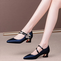LIZAKOSHT  -  Leather Mid Heels,Office Lady Work Shoes,Women Pumps,Rhinestone Bowtie,Vogue Pointed Toe,34-40,Blue,Black,Dropship