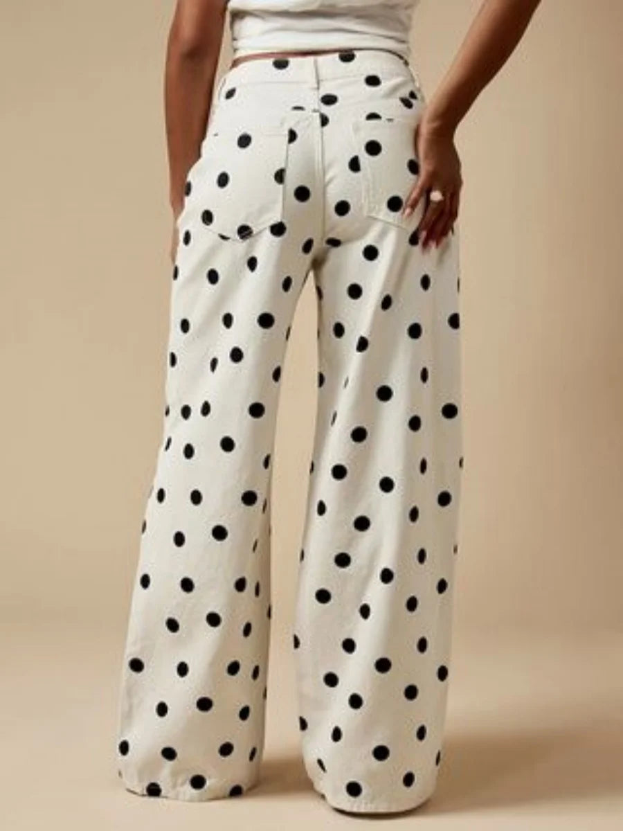 LIZAKOSHT  -  American-style retro polka dot printed wide-leg denim pants for women, loose straight casual trousers
