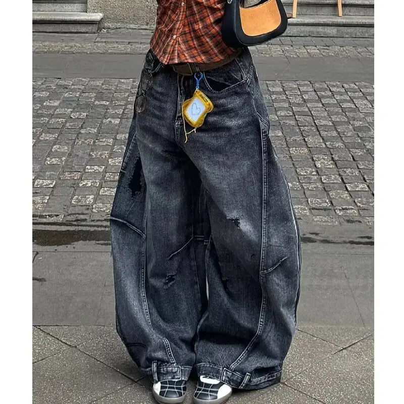 LIZAKOSHT  -  Black Jeans Women Vintage High Waisted Cargo Jeans Straight Autumn Casual Loose Big Size Wide Leg Denim Baggy Pants Y2K