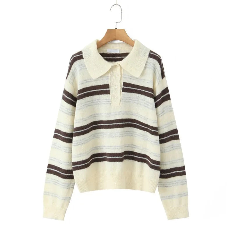 LIZAKOSHT  -  Fashion Knitted Striped Sweater Women 2025 New Autumn Vintage Loose Turndown Collar Pullover Casual Buttons Up Elegant Knitwear