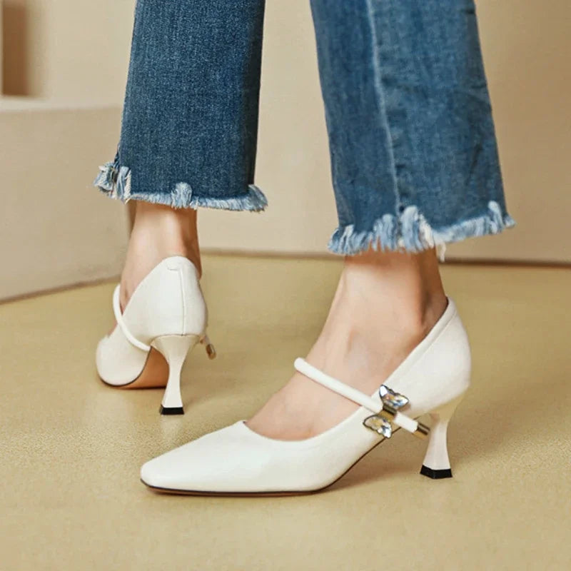 LIZAKOSHT  -  Fashion Elegant High Heels for Women Square Toe Thin Heels Office Shoes Fashion Shallow Diamond Bow Mary Jane Shoes Women Pumps