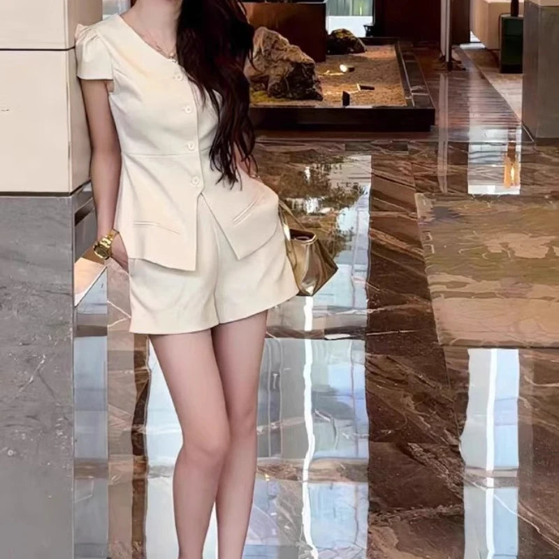 LIZAKOSHT  -  Summer Korean Elegant  Temperament Short Sleeve Solid Single Breasted  Top Shorts Two Piece Set Women