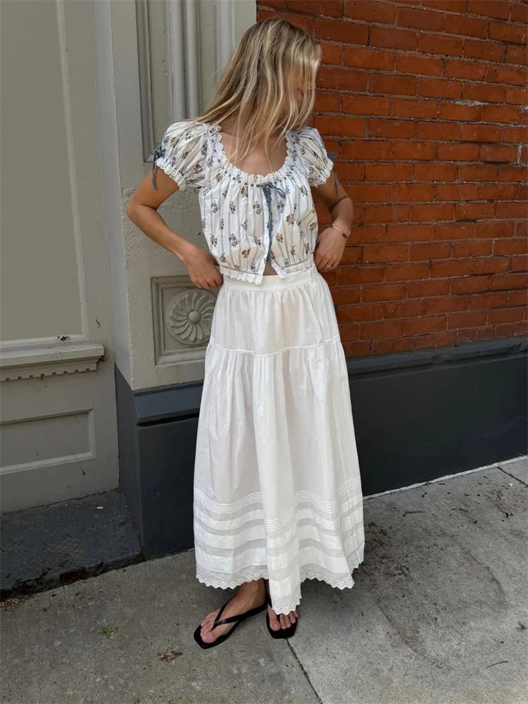 LIZAKOSHT  -  White High Waist Lace Long Skirt Female Pleated Casual Basic Summer Solid Loose Elegant Maix Skirt Women's Clothes Femme