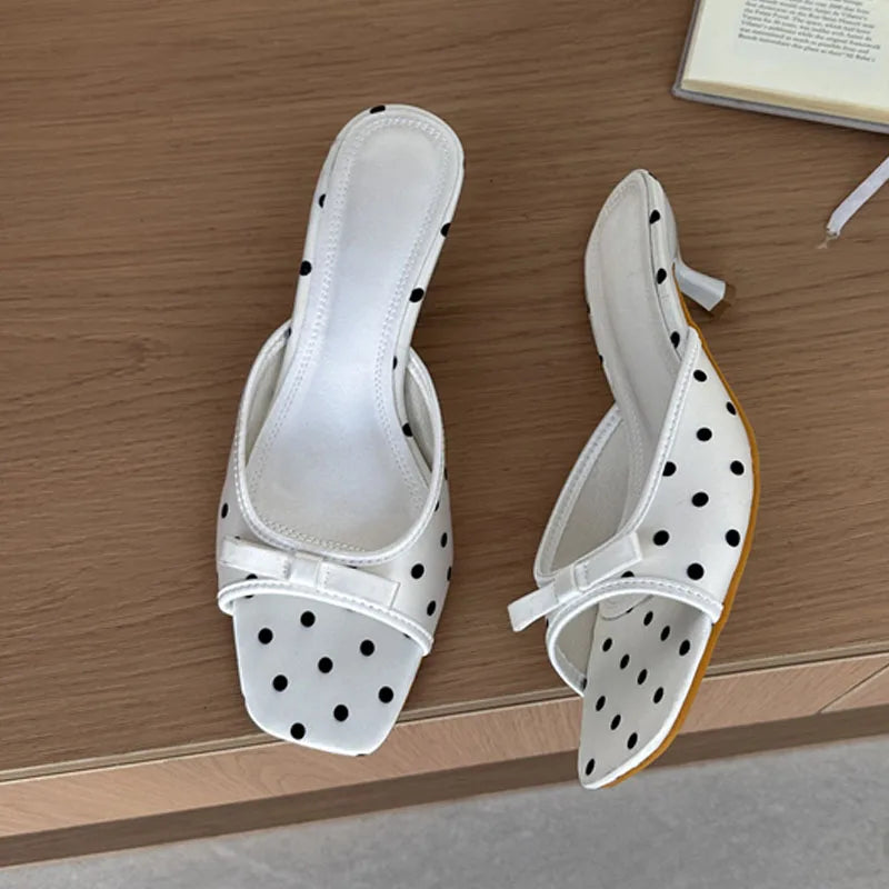 LIZAKOSHT  -  Summer Fashion Satin Polka Dot Square Toe Women Slippers Elegant Thin Low Heels Sandals Casual Beach Party Shoes