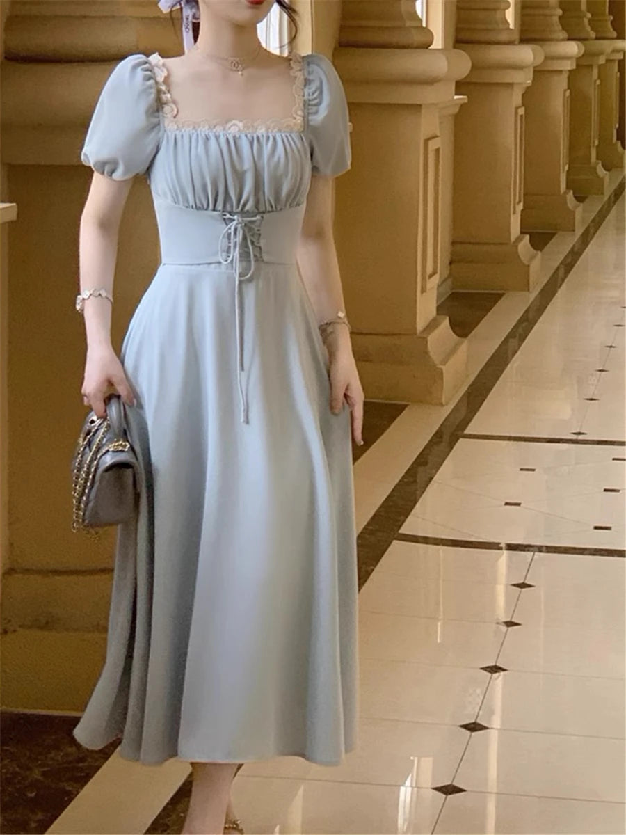 LIZAKOSHT  -  Midi Dress Women Elegant Summer New Fashion Evening Party Lady Vestidos Vintage Lace Up Dresses Female Korean Slim Clothes