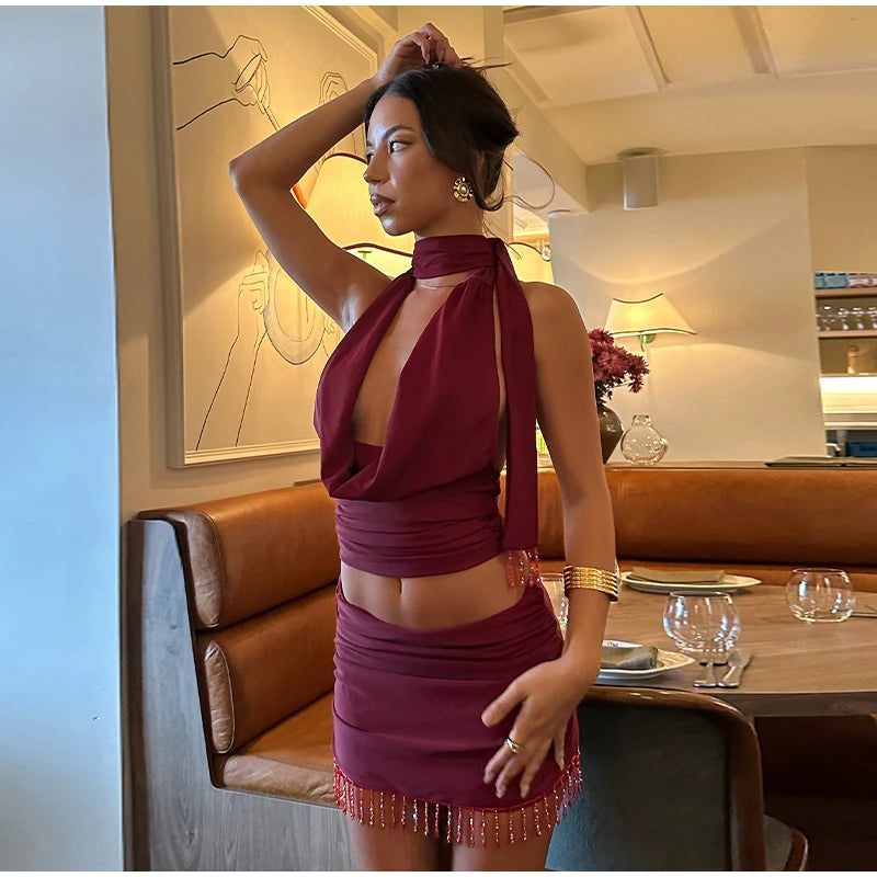 LIZAKOSHT  -  Sexy Halter Low Cut Top Tassel Skirt Set Lady Chic Street Solid Pleated Tops Slim Mini Skirts Sets Women Summer Retro Outfits