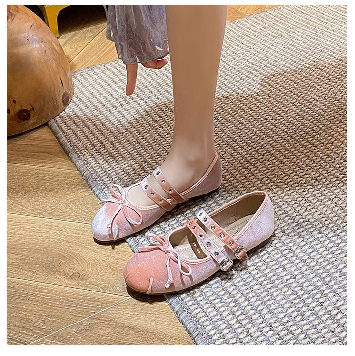 LIZAKOSHT  -  round toe pink velvet flats shoes for woman double band bowtie ballerina shoes rivets button mocasines lolita big shoes size 43
