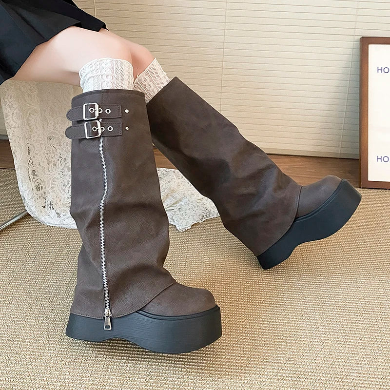 LIZAKOSHT  -  Chunky Style Women Knight High Boots Designer Belt Buckle Platform Heel Shoes Autumn Winter Thick Sole Ladies Long Booties