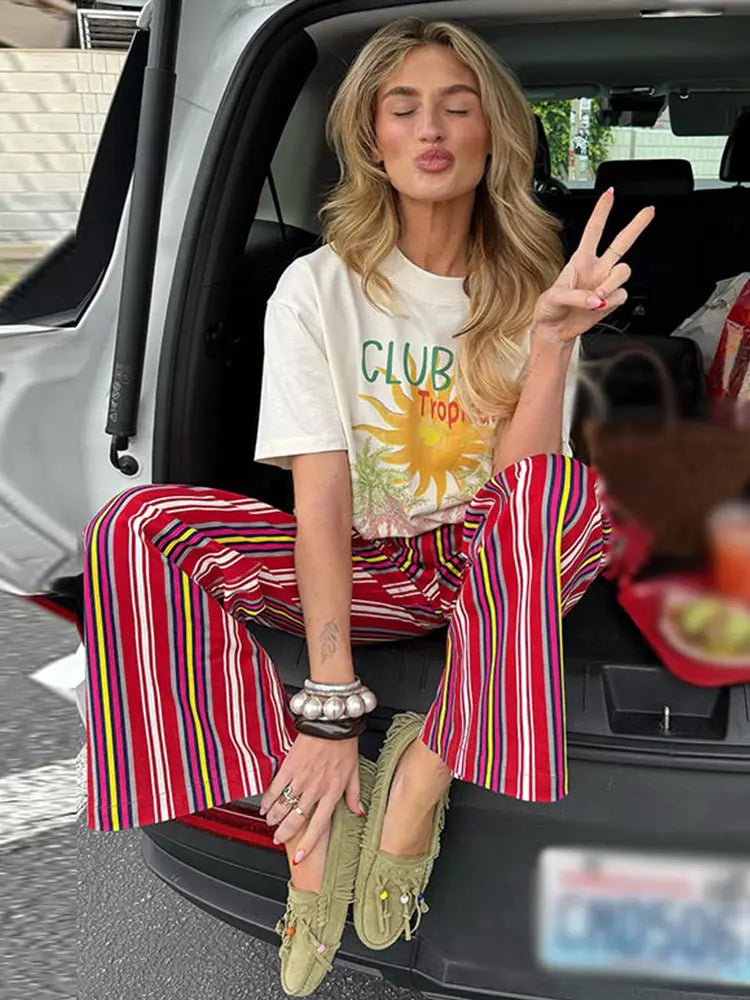 LIZAKOSHT  -  Fashion Red Multicolor Striped Pants For Women Casual High Waist Wide Loose Long Trouser Lady Spring Summer Vacation Pants