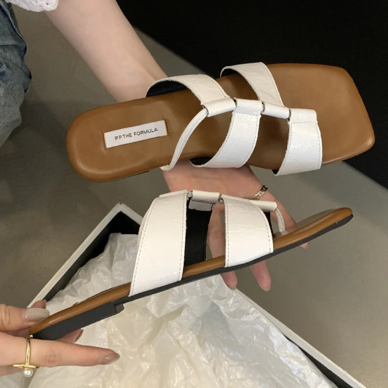 LIZAKOSHT  -  Designer Set Toe Flat Sandals Women Fashion Square Head Hollow Slippers Summer Party Soft Bottom Beach Shoes Flip Flops Women