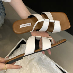 LIZAKOSHT  -  Designer Set Toe Flat Sandals Women Fashion Square Head Hollow Slippers Summer Party Soft Bottom Beach Shoes Flip Flops Women