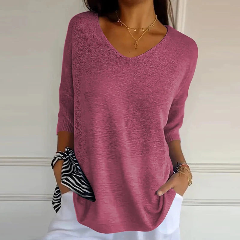 LIZAKOSHT  -  Women Casual Bat Sleeve Loose Temperament Blouse Blusa Elegant 3/4 Sleeve All Match Shirt 2024 New Style Office Knitted Tops