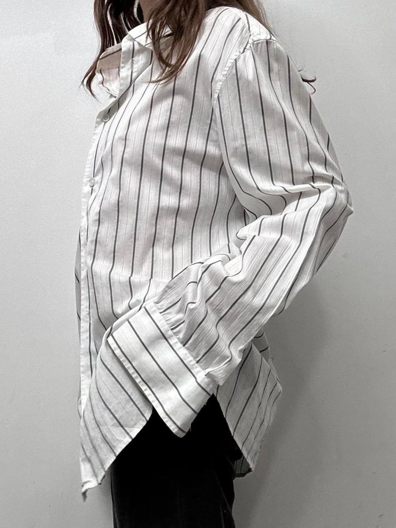 LIZAKOSHT  -  Striped Print Loose Shirt for Women Casual Single-breasted Oversized Blouses Streetwear Fashion Turn-down Neck Top