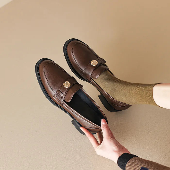 LIZAKOSHT  -  Women's British Shoe Autumn New Thick Heel Women Leather Shoe Versatile Anti Slip Women Casual Shoes Gold Buckle Women's Loafers