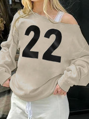 LIZAKOSHT  -  Sporty Chic Casual Number Printed Sweatshirt Loose Off-Shoulder Long Sleeve Pullovers Women Autumn Winter Streetwear