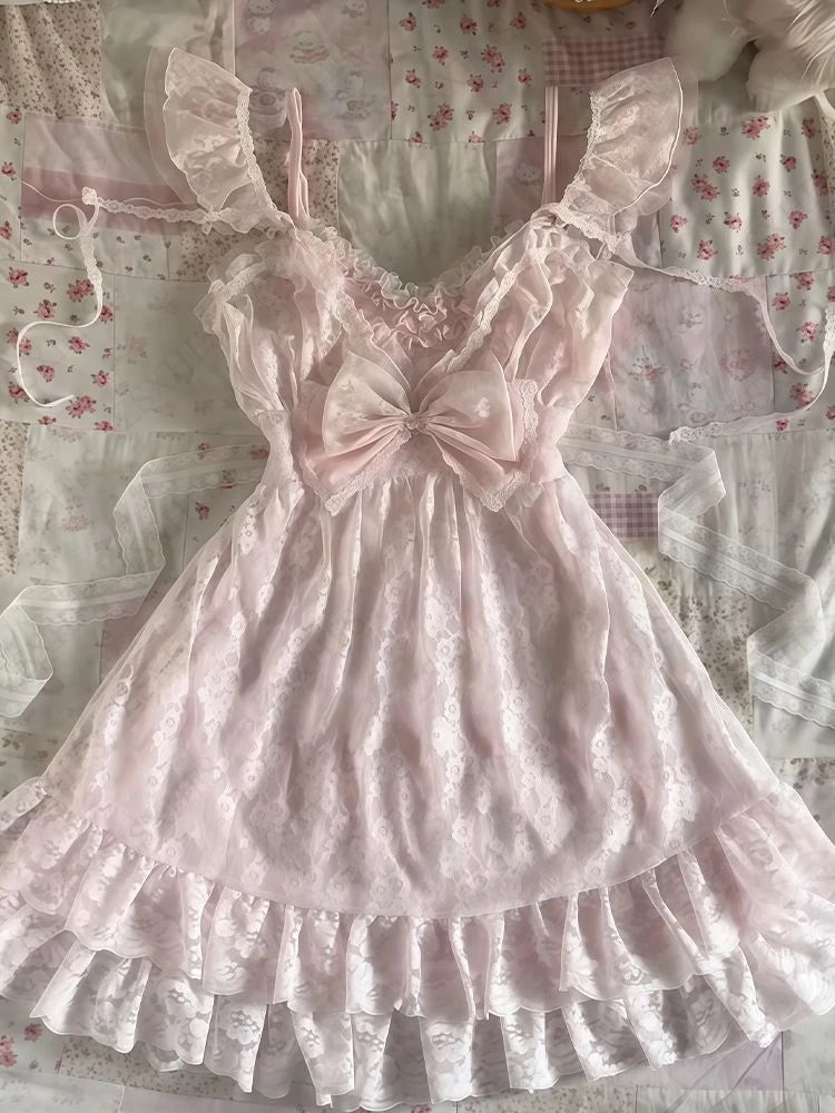 LIZAKOSHT  -  Sweet Gril Straps Dresses Women Clothes Summer Bow Lace Mini Dress Kawaii Cute Aesthetic Slim Y2k Cuteore Bohemian Short Dress