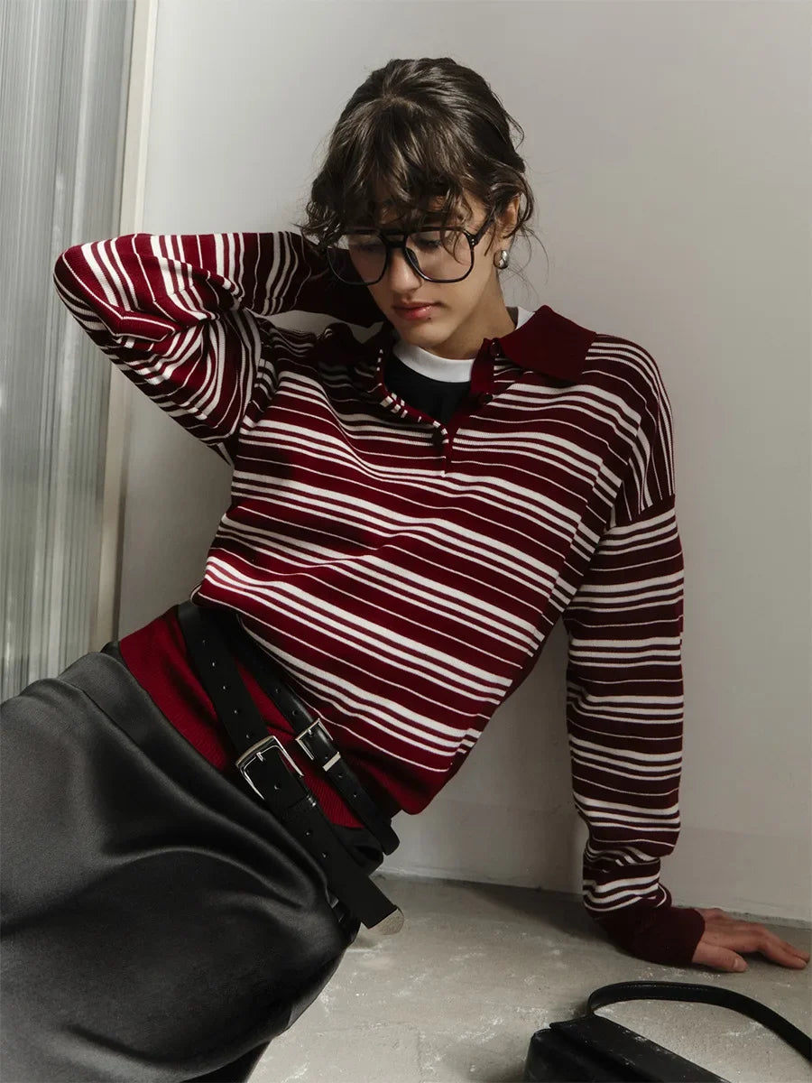LIZAKOSHT  -  Spring Summer Women's Vintage Contrast Striped Knitted Polo Collar Long Sleeve T-Shirt Fashion Casual Trend Top