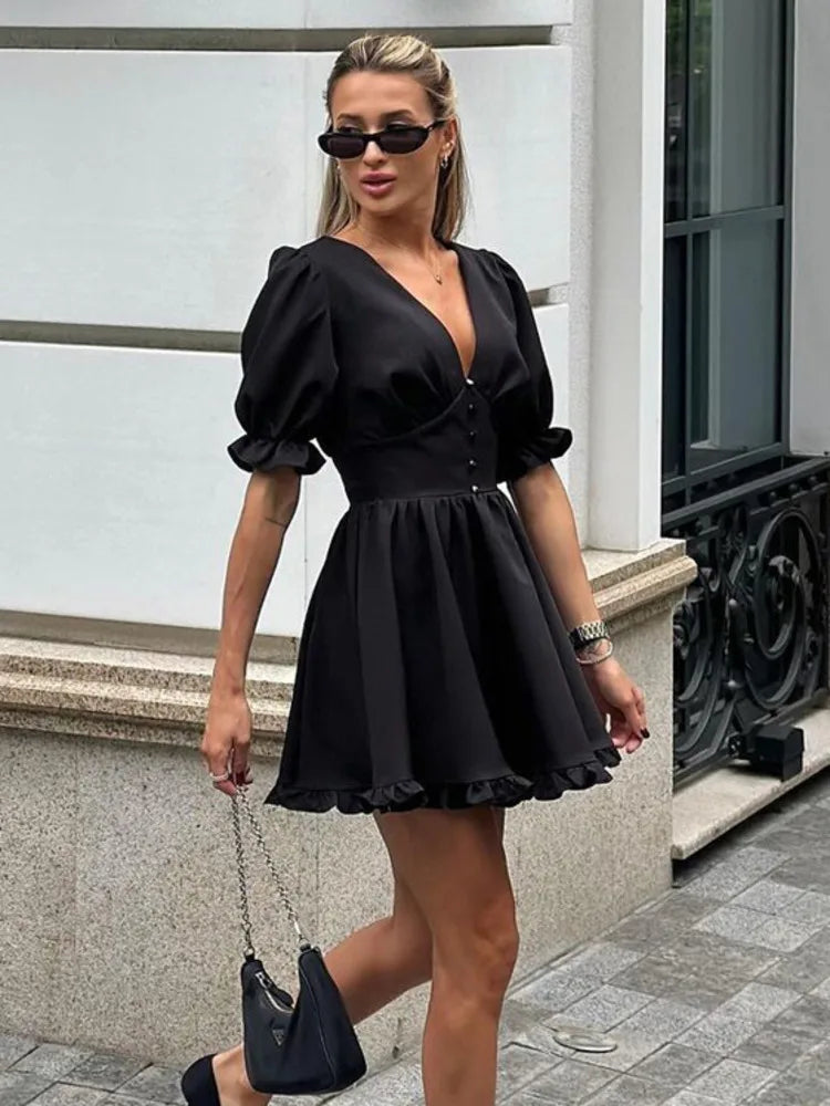 LIZAKOSHT  -  Deep V-neck Puff Sleeve Mini Dress Women Sexy High Waist Patchwork Button Fashion Slim Black A-line Club Party Dress