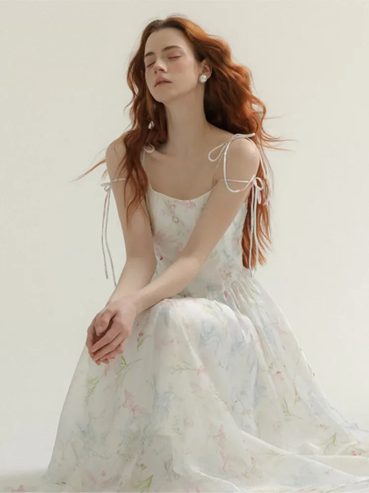 LIZAKOSHT  -  French Style Fairy Princess Floral Print Long Dress Temperament Gentle Tight Waist Slimming Puff Sleeve Sling Vacation Dress