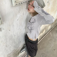 LIZAKOSHT  -  T Shirts Vintage O-neck Ladies Long Sleeve Grunge Print Graphic Streetwear