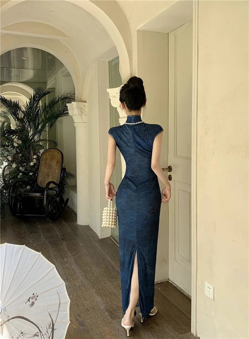 LIZAKOSHT  -  Retro Fashion Pearl Women's Skirt Slim Fit Printed High Quality Slimming  Dress Korean Style Stand Collar Wrap around