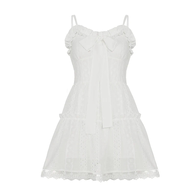 LIZAKOSHT  -  Ruched Lace Patchwork Sleeveless A-line Dress Lolita Style Holiday Party Bow Decorate Princess Mini Robe Sweet Outfit