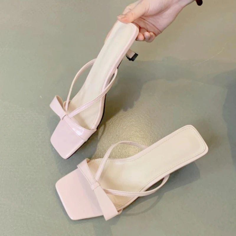 LIZAKOSHT  -  Sweet Narrow Strap Low Heeled Women Slippers Fashion Bowknot Backless Brand Sandals 2025 Elegant Party Designer Beach Shoe Pumps
