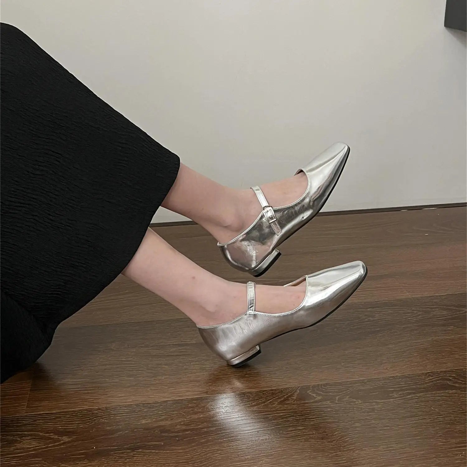 LIZAKOSHT -  Silver Ballerina Shoes Woman Belt Strap Mary Janes Lolita Square Toe Flats OL Ladies Dress Mocasines Brides Wedding Ballets
