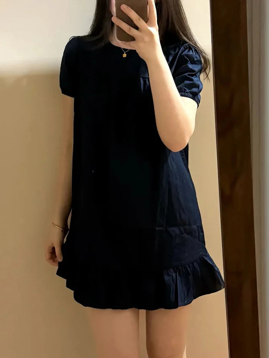 LIZAKOSHT  -   Solid Puff Sleeve Blair Dress Women Summer Chic Simple Ruffled Hem Cotton Loose Vestidos Sweet Cute Preppy Style Dresses New