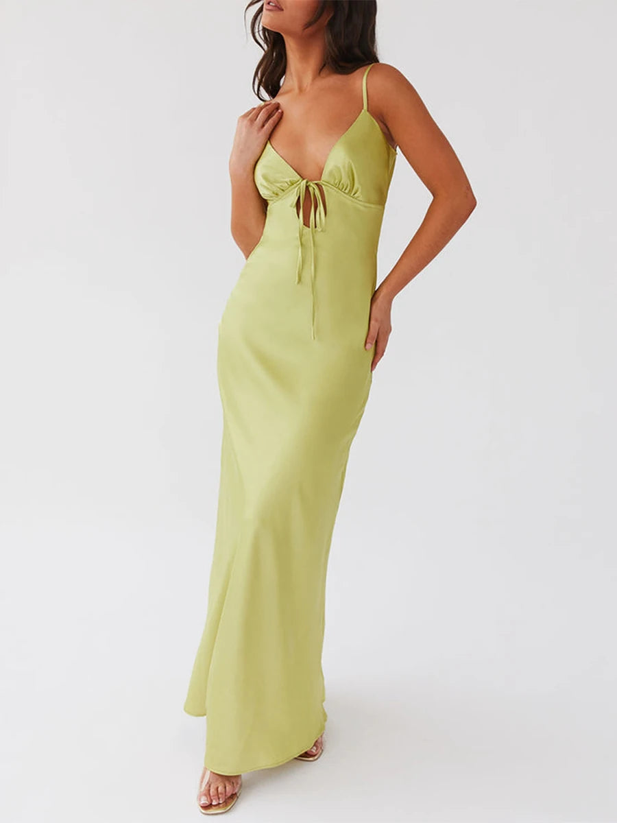 LIZAKOSHT  -  Women Cami Dress Solid Color Sleeveless Tie-Up Front Sleeveless Backless Dress Long Dress Summer Casual Spaghetti Strap Dress