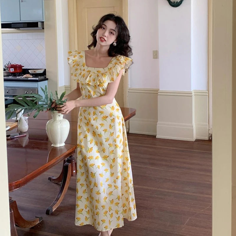 LIZAKOSHT  -  French Floral Dress Female Summer Slim Square Collar Temperament Ruffled Long Skirt