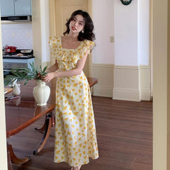 LIZAKOSHT  -  French Floral Dress Female Summer Slim Square Collar Temperament Ruffled Long Skirt