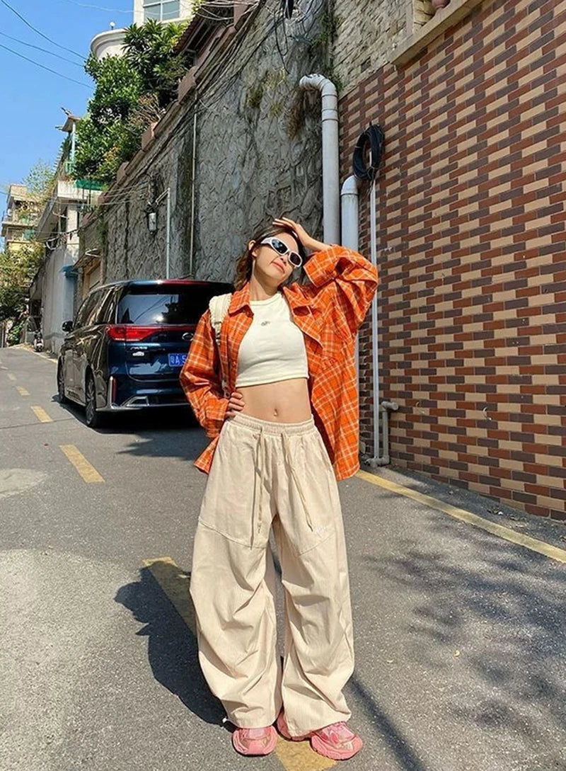 LIZAKOSHT  -  Women Striped Jazz Dance Pants Blue Loose Casual Lazy Wide Leg Pants Harajuku Y2K Summer American Streetwear Cargo Pants