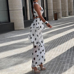 LIZAKOSHT  -  Polka Dot Print Holiday Skirt Outfits Sexy Halter Sleeveless Top & Layered Ruffle Skirt Set Women Elegant Luxury Slim 2Pc Suits