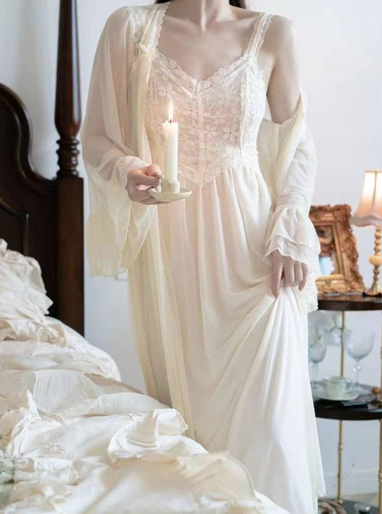 LIZAKOSHT  -  French Elegant Women Nightgown 2 Piece Set Princess Suspender Midi Dress with Soft Cardigan Comfortable Solid Home Loungewear