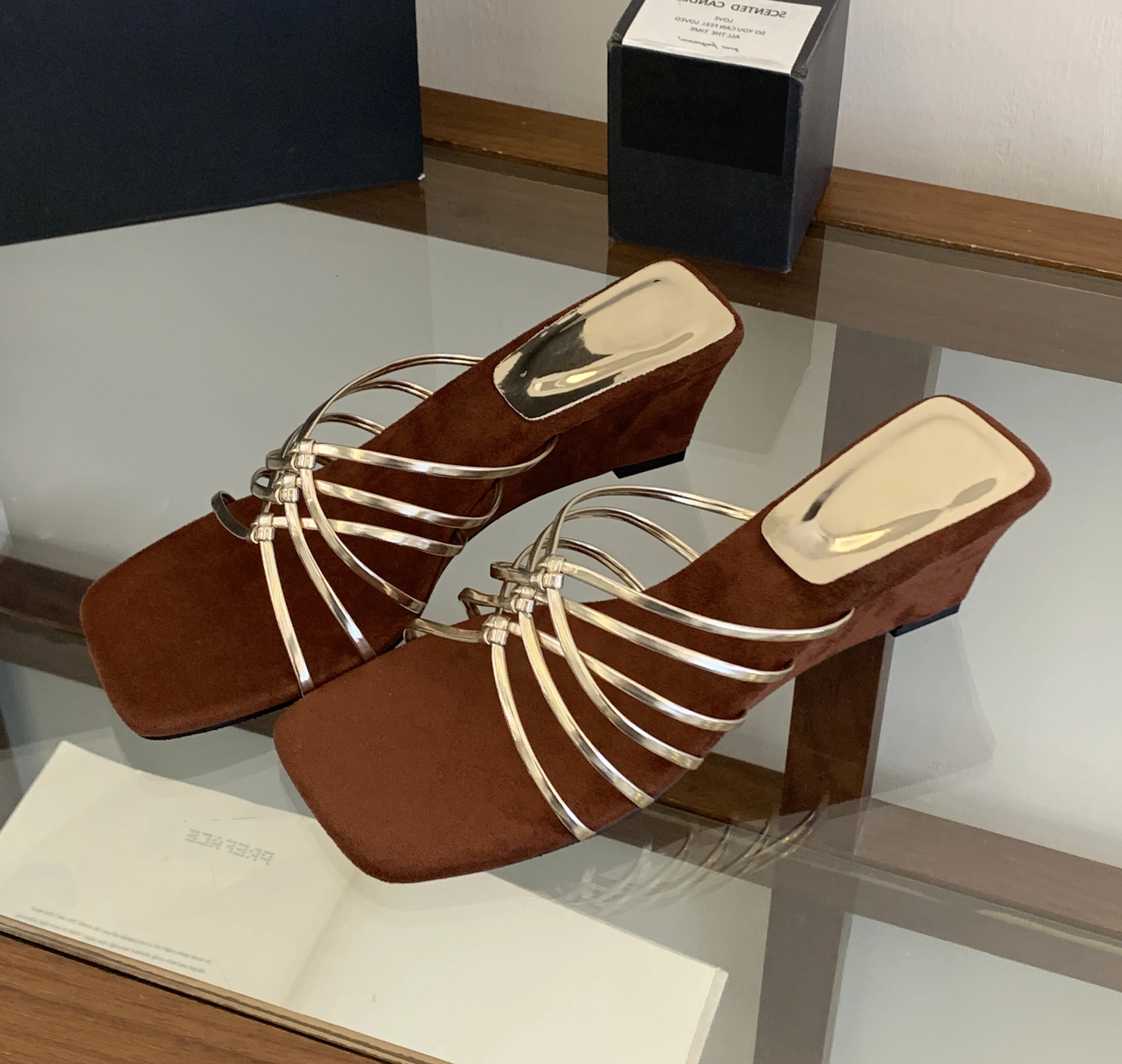 LIZAKOSHT  -  Summer Square Toe Narrow Band Women Slippers Designer Wedges High Heels Party Slides Shoes Zapatos De Mujer