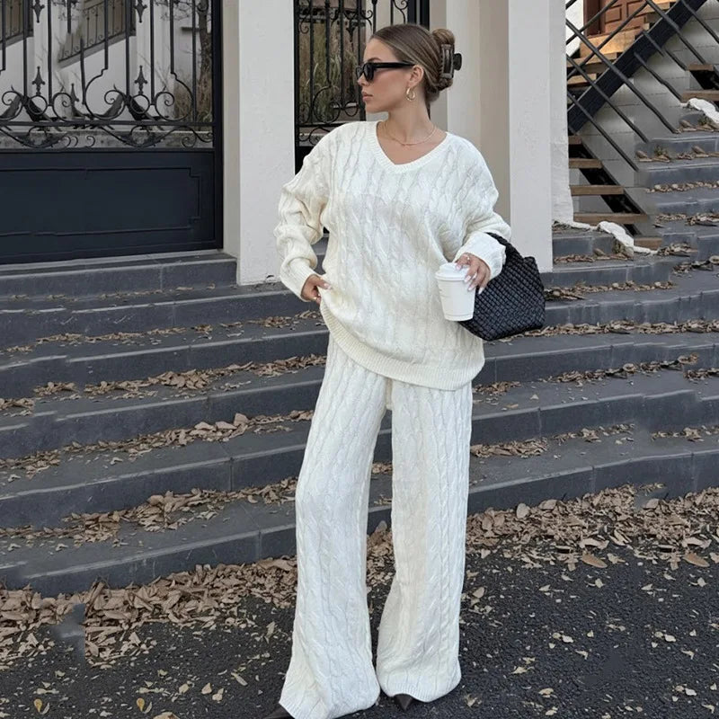 LIZAKOSHT  -  Casual Ribbed 2 Piece-Set Trousers Sets Women Solid Loose V-Neck Top And High Waist Wide-Leg Pants Sets New Female Outfits