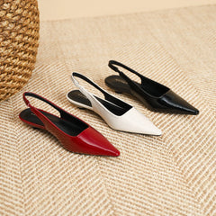 LIZAKOSHT -  Delicate Red Shiny Leather Sandals Woman Slingback Low Heels Shoes Ladies Party Brides Tacones Mujer Pointed Toe Flats Sandalias