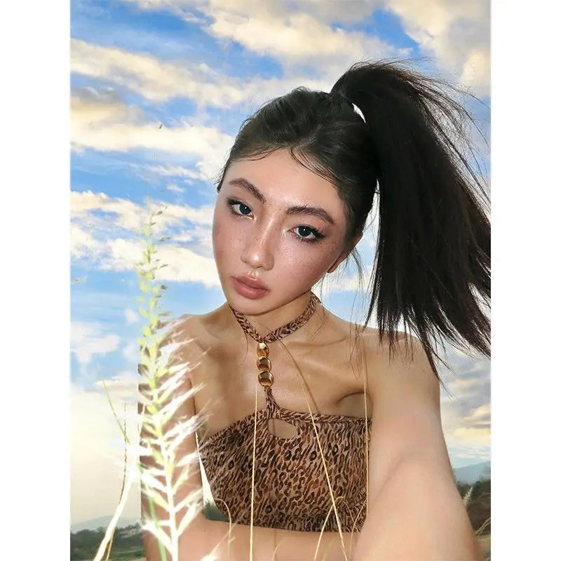 LIZAKOSHT  -  Chic American Outdoor Vintage Halter Sleeveless Tank Tops Y2k Aesthetic Harajuku Leopard Print Sexy Camisole Summer Punk Tops