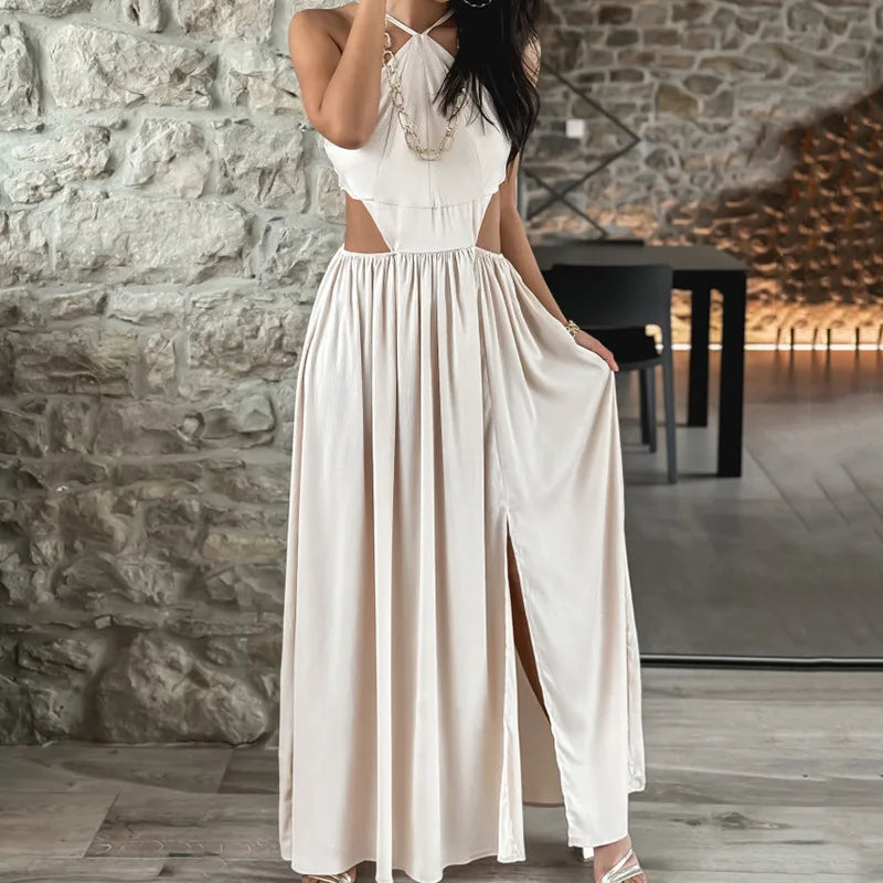 LIZAKOSHT  -  Women Spring High Slit A-line Dress Elegant Off Shoulder Halter Party Dress Lady Elegant Hollow Waisted Evening Slim Dress 2025