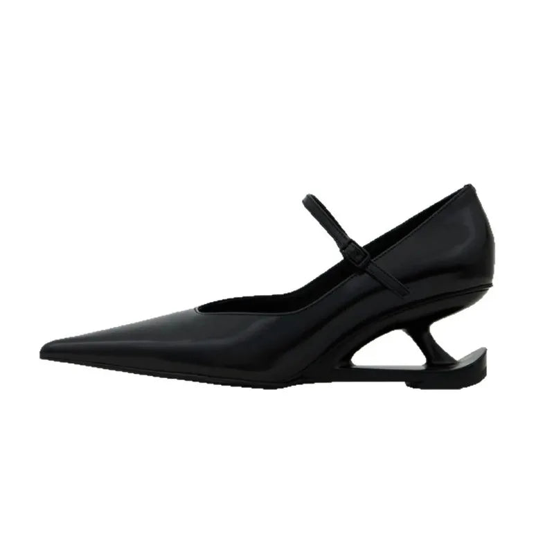 LIZAKOSHT  -  Red Heel Women's Mary Jane Shoes New Pointed Toe Style Buckle Leather Shoes Black Fashion Party Casual Shoes