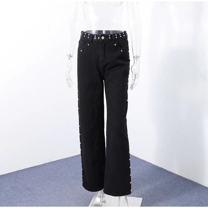 LIZAKOSHT  -  Chic Diamonds Leopard Pentagram Pants For Women Straight-leg Ankle-length Pocket Jeans 2025 Spring Summer Female Casual Trousers